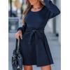 CUPSHE Women’s Fall Dresses Corduroy Belted Tie Waist Long Sleeve Round Neck Casual A Line Mini Dress(Blue)