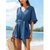 CUPSHE Women’s Half Sleeves Romper Surplice Neck Waist Tie Wide Leg Ruffle Cute Jumpsuit Beach Vacation Outfits(Blue)