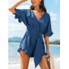 CUPSHE Women’s Half Sleeves Romper Surplice Neck Waist Tie Wide Leg Ruffle Cute Jumpsuit Beach Vacation Outfits(Blue)