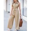 CUPSHE Women’s Lapel Sleeveless Wide Leg Jumpsuit Button Front Self Tie Dressy Overall Work Beach Vacation Summer Outfits(Khaki)