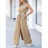 CUPSHE Women’s Lapel Sleeveless Wide Leg Jumpsuit Button Front Self Tie Dressy Overall Work Beach Vacation Summer Outfits(Khaki)
