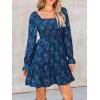 CUPSHE Women’s Long Sleeve Fall Mini Dress Floral Square Neck Smocked Flowy A Line Ruffle Dress(Navy Blue)