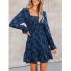 CUPSHE Women’s Long Sleeve Fall Mini Dress Floral Square Neck Smocked Flowy A Line Ruffle Dress(Navy Blue)