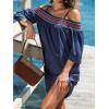 CUPSHE Women’s Loose Open-Shoulder Short Dress Formal Dress 3/4 Sleeve Spaghetti Strap Smocked Lace Mini Dress(Navy Blue)