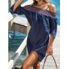 CUPSHE Women’s Loose Open-Shoulder Short Dress Formal Dress 3/4 Sleeve Spaghetti Strap Smocked Lace Mini Dress(Navy Blue)