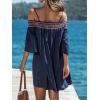 CUPSHE Women’s Loose Open-Shoulder Short Dress Formal Dress 3/4 Sleeve Spaghetti Strap Smocked Lace Mini Dress(Navy Blue)
