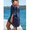CUPSHE Women’s Loose Open-Shoulder Short Dress Formal Dress 3/4 Sleeve Spaghetti Strap Smocked Lace Mini Dress(Navy Blue)