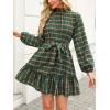 CUPSHE Women’s Mini Dress High Neck Plaid Long Sleeve Belted Ruffled Hem Short Dresses(Green)