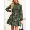 CUPSHE Women’s Mini Dress High Neck Plaid Long Sleeve Belted Ruffled Hem Short Dresses(Green)