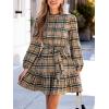 CUPSHE Women’s Mini Dress High Neck Plaid Long Sleeve Belted Ruffled Hem Short Dresses(Khaki)