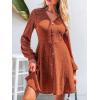 CUPSHE Womens Mini Fall Dress Knit V Neck Casual Button Long Sleeve Short Flowy Sweater Dress(Rust Red)