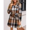 CUPSHE Women’s Mini Fall Dresses Button Long Sleeves Plaid Belted Casual Short A Line Shirt Dress(Brown/Khaki)