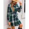 CUPSHE Women’s Mini Fall Dresses Button Long Sleeves Plaid Belted Casual Short A Line Shirt Dress(Green Plaid)