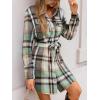 CUPSHE Women’s Mini Fall Dresses Button Long Sleeves Plaid Belted Casual Short A Line Shirt Dress(Mint Plaid)