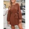 CUPSHE Womens Mini Fall Dresses Round Neck Casual Long Sleeve Woven Belted Short Work Outfit A Line Flowy Dress(Brown)