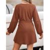 CUPSHE Womens Mini Fall Dresses Round Neck Casual Long Sleeve Woven Belted Short Work Outfit A Line Flowy Dress(Brown)