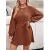 CUPSHE Womens Mini Fall Dresses Round Neck Casual Long Sleeve Woven Belted Short Work Outfit A Line Flowy Dress(Brown)