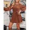CUPSHE Womens Mini Fall Dresses Round Neck Casual Long Sleeve Woven Belted Short Work Outfit A Line Flowy Dress(Brown)