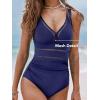 CUPSHE Women’s One Piece Swimsuit Bathing Suit V Neck Adjustable Straps Ruched Mesh Back Hook(Navy Blue)