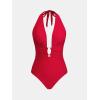 CUPSHE Women’s One Piece Swimsuit Plunging Deep V Neck Halter Bathing Suit Ruched Adjustable Straps Self Tie O Ring(True Red)