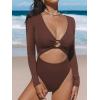 CUPSHE Women’s One Piece Swimsuit Rash Guard Long Sleeve Cutout UPF 50+ UV Deep V Neck O-Ring(Burgundy Red)