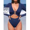 CUPSHE Women’s One Piece Swimsuit Rash Guard Long Sleeve Cutout UPF 50+ UV Deep V Neck O-Ring(Dark Navy Blue)