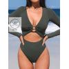 CUPSHE Women’s One Piece Swimsuit Rash Guard Long Sleeve Cutout UPF 50+ UV Deep V Neck O-Ring(Gray Green)