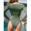 CUPSHE Women’s One Piece Swimsuit Rash Guard Long Sleeve Cutout UPF 50+ UV Deep V Neck O-Ring(Green/Black)