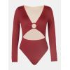 CUPSHE Women’s One Piece Swimsuit Rash Guard Long Sleeve Cutout UPF 50+ UV Deep V Neck O-Ring(Red)