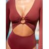 CUPSHE Women’s One Piece Swimsuit Rash Guard Long Sleeve Cutout UPF 50+ UV Deep V Neck O-Ring(Red)