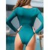 CUPSHE Women’s One Piece Swimsuit Rash Guard Long Sleeve Cutout UPF 50+ UV Deep V Neck O-Ring(Teal Blue)