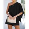 CUPSHE Women’s One Shoulder Romper 3/4 Sleeve Wide Leg Mini Jumpsuit Short Draped Bodice Romper Casual Summer Loose Outfit(Black)