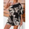CUPSHE Women’s One Shoulder Romper 3/4 Sleeve Wide Leg Mini Jumpsuit Short Draped Bodice Romper Casual Summer Loose Outfit(Black Leaves)