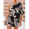 CUPSHE Women’s One Shoulder Romper 3/4 Sleeve Wide Leg Mini Jumpsuit Short Draped Bodice Romper Casual Summer Loose Outfit(Black Leaves)