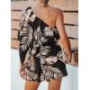 CUPSHE Women’s One Shoulder Romper 3/4 Sleeve Wide Leg Mini Jumpsuit Short Draped Bodice Romper Casual Summer Loose Outfit(Black Leaves)