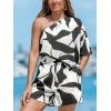 CUPSHE Women’s One Shoulder Romper 3/4 Sleeve Wide Leg Mini Jumpsuit Short Draped Bodice Romper Casual Summer Loose Outfit(Black White)