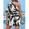 CUPSHE Women’s One Shoulder Romper 3/4 Sleeve Wide Leg Mini Jumpsuit Short Draped Bodice Romper Casual Summer Loose Outfit(Black White)
