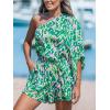 CUPSHE Women’s One Shoulder Romper 3/4 Sleeve Wide Leg Mini Jumpsuit Short Draped Bodice Romper Casual Summer Loose Outfit(Green Leopard)