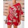 CUPSHE Women’s One Shoulder Romper 3/4 Sleeve Wide Leg Mini Jumpsuit Short Draped Bodice Romper Casual Summer Loose Outfit(Red Leaves)
