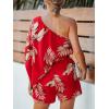 CUPSHE Women’s One Shoulder Romper 3/4 Sleeve Wide Leg Mini Jumpsuit Short Draped Bodice Romper Casual Summer Loose Outfit(Red Leaves)