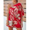 CUPSHE Women’s One Shoulder Romper 3/4 Sleeve Wide Leg Mini Jumpsuit Short Draped Bodice Romper Casual Summer Loose Outfit(Red Leaves)
