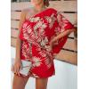CUPSHE Women’s One Shoulder Romper 3/4 Sleeve Wide Leg Mini Jumpsuit Short Draped Bodice Romper Casual Summer Loose Outfit(Red Leaves)