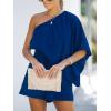 CUPSHE Women’s One Shoulder Romper 3/4 Sleeve Wide Leg Mini Jumpsuit Short Draped Bodice Romper Casual Summer Loose Outfit(Royal Blue)