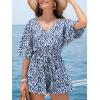 CUPSHE Women’s Romper V Neck Half Sleeves Waist Boho Wide leg Jumpsuit Outfit Coverup Casual Vacation(Blue)