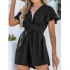 CUPSHE Women’s Romper V Neck Short Flutter Sleeves Knotted Detail Wide leg Outfit Casual Dressy(Black)