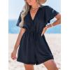 CUPSHE Women’s Romper V Neck Short Sleeve Wide Leg Waist Jumpsuit Casual Elegant Outfit Beach Vacation(Navy)