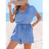 CUPSHE Women’s Romper V Neck Short Sleeves Tied Waist Wide leg Jumpsuit Outfi Casual Vacation(Blue)