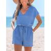 CUPSHE Women’s Romper V Neck Short Sleeves Tied Waist Wide leg Jumpsuit Outfi Casual Vacation(Blue)