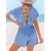 CUPSHE Women’s Romper V Neck Short Sleeves Tied Waist Wide leg Jumpsuit Outfi Casual Vacation(Blue)