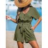 CUPSHE Women’s Romper Woven Ribbed V Neck Short Sleeves Straight leg Outfit Casual Dressy(Green)